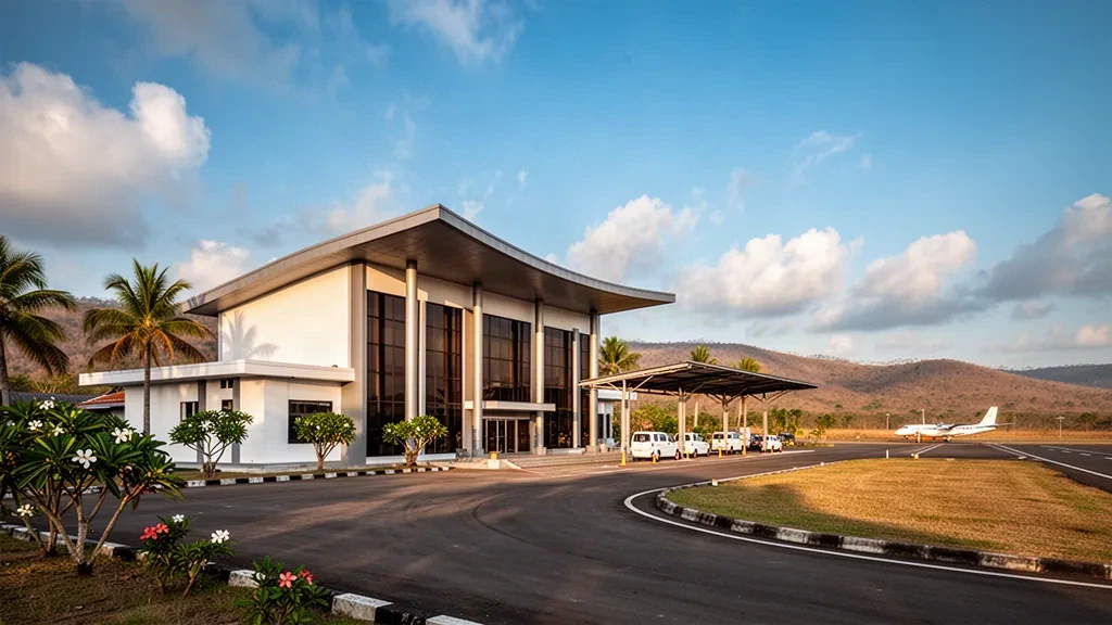 Modern tropical terminal and drop-off area at A.A. Bere Tallo Haliwen Airport in Atambua, East Nusa Tenggara, in warm afternoon light
