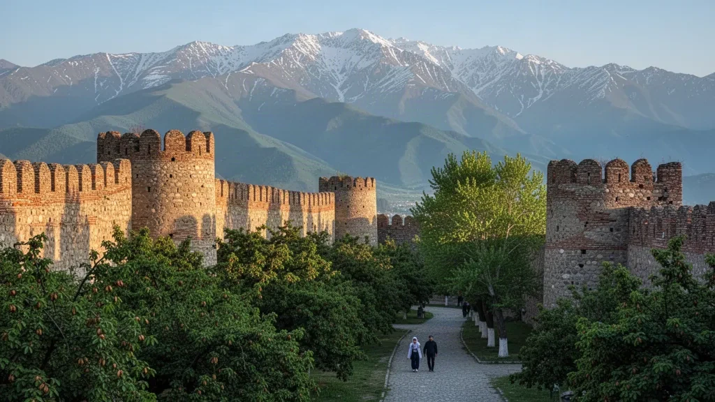 Zaqatala Kalesi'nin tarihî taş duvarları, arkasında Büyük Kafkas dağlarıyla gür yeşil ağaçların üzerinde yükseliyor