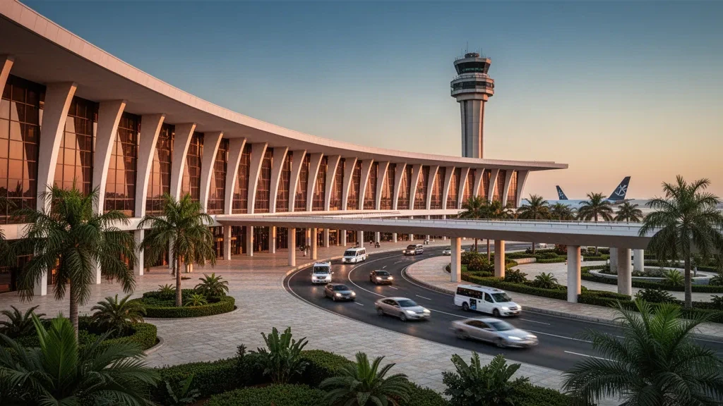 Modern glass terminal exterior at Nnamdi Azikiwe International Airport in Abuja with drop-off lanes and warm golden hour light