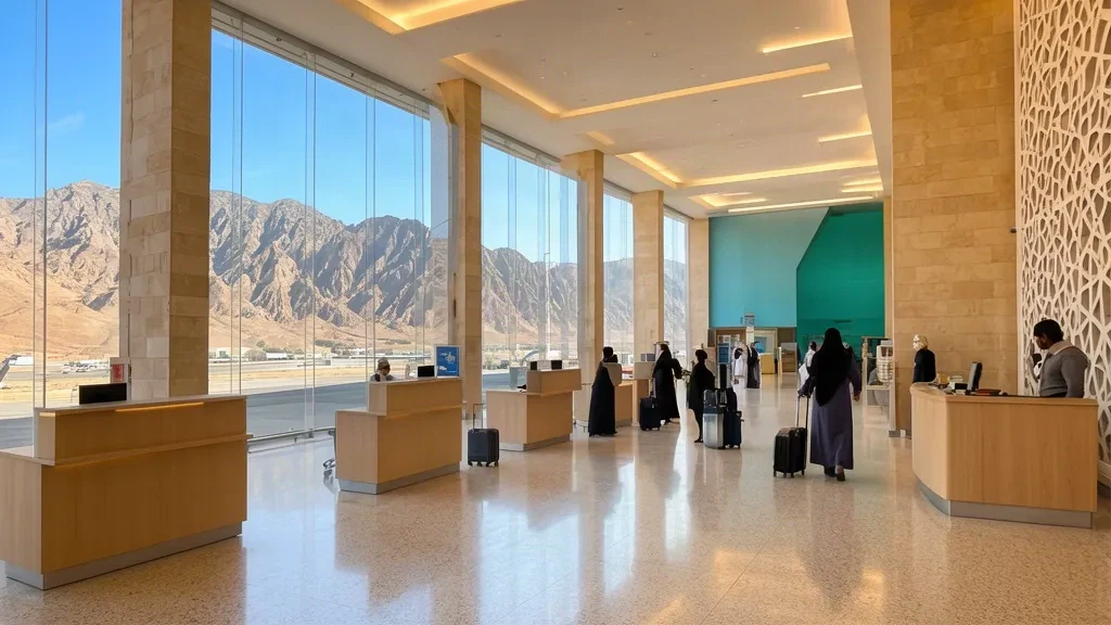 Interior de la sala de salidas del aeropuerto Rey Saud bin Abdulaziz en Al Baha, Arabia Saudí, con vistas a las montañas a través de ventanales altos