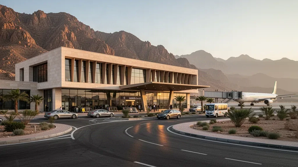 Terminal moderno e sfondo montuoso all'Aeroporto Re Saud bin Abdulaziz di Al Baha, Arabia Saudita, durante l'ora d'oro