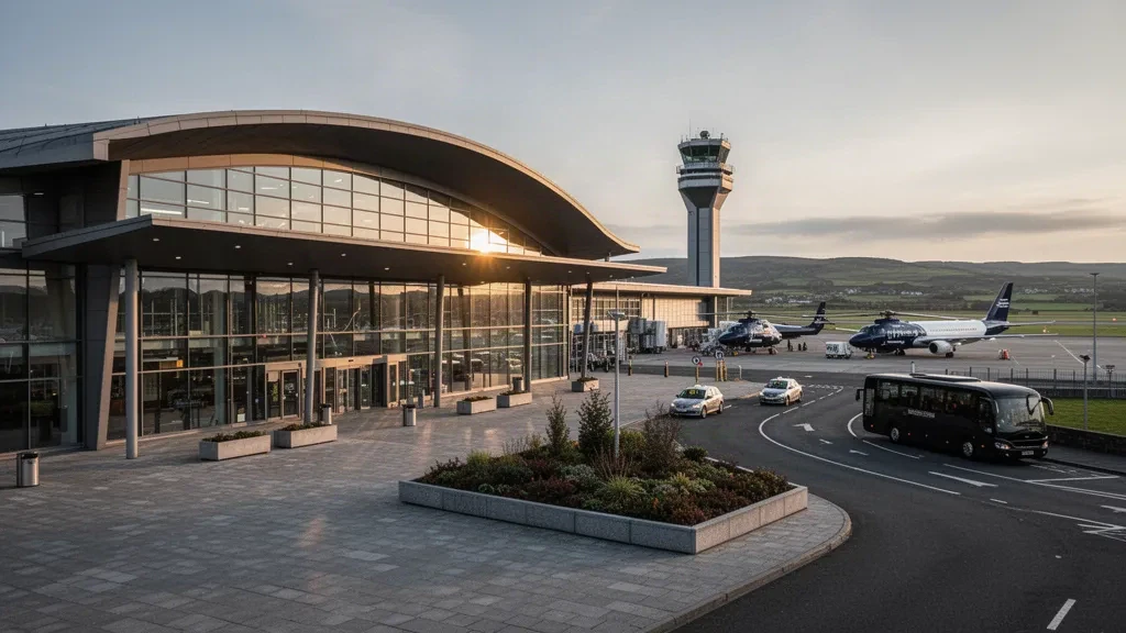 Extérieur moderne d'un terminal vitré et voie de dépose à l'aéroport international d'Aberdeen à Dyce, en Écosse, à l'heure dorée avec des hélicoptères sur le tarmac.
