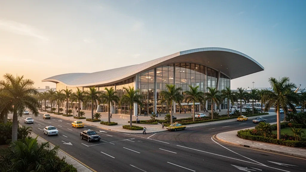 Moderne Terminalfassade mit weißem Dach am Kotoka International Airport in Accra, Ghana, umrahmt von Palmen und Bringspuren zur goldenen Stunde