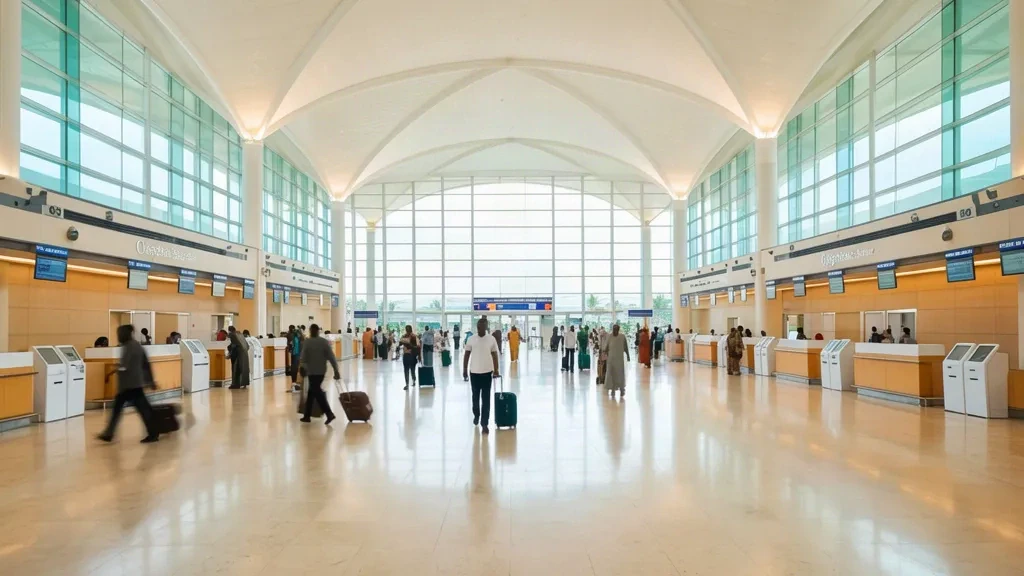 Reisende, die durch die helle, moderne Abflughalle des Kotoka International Airport in Accra, Ghana, gehen