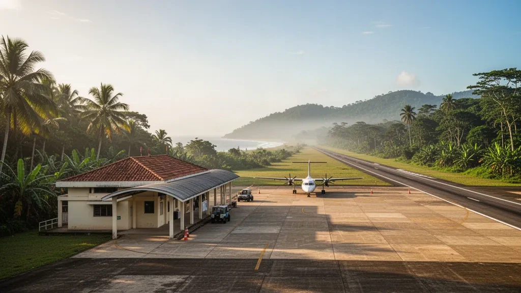 Small tropical terminal and runway at Alcides Fernández Airport in Acandí, Colombia, framed by lush greenery