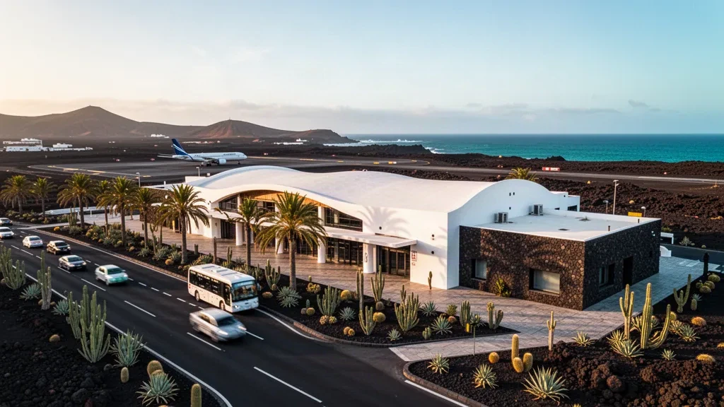 Exterior moderno y blanco de la terminal del Aeropuerto César Manrique-Lanzarote con palmeras, vía de acceso y paisaje volcánico a la hora dorada