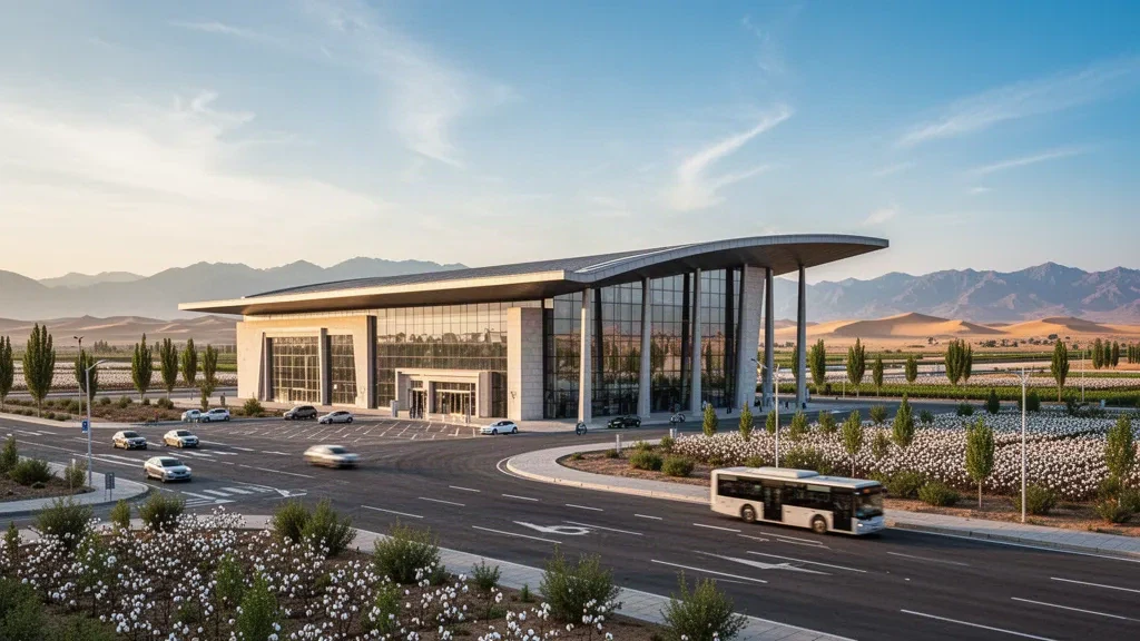 Modernes Glas-Terminal des Flughafens Aral Tarim in Xinjiang zur goldenen Stunde, mit sauberem Vorplatz und halbtrockener Wüstenlandschaft dahinter