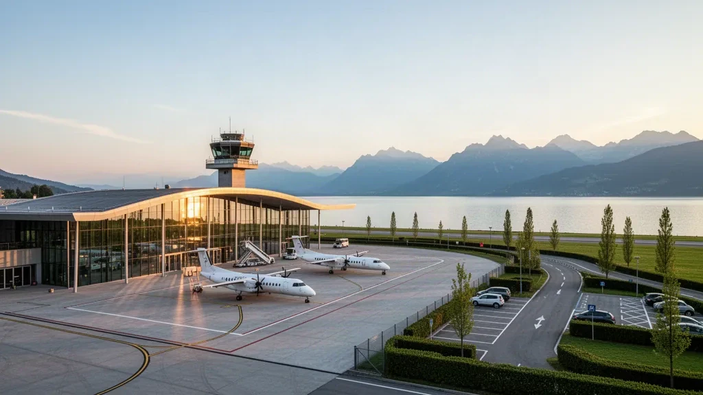 Modern glass terminal and apron of St. Gallen–Altenrhein Airport with turboprop airliners, Lake Constance and Alpine backdrop at golden hour