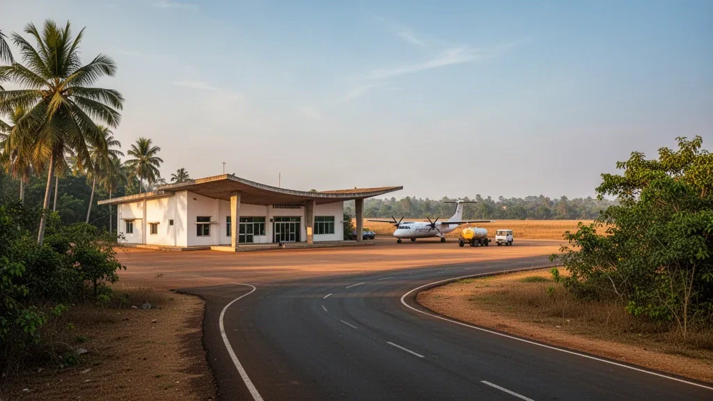 Tropical terminal building and apron with a small turboprop aircraft at Anuradhapura Airport in Sri Lanka, lit by late golden-hour sun.