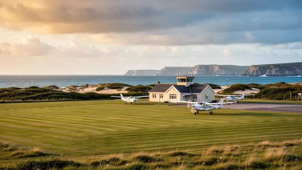Pista in erba dell'Aeroporto di Alderney e piccolo terminal dell'isola nella soffusa luce pomeridiana delle Isole del Canale con il mare sullo sfondo
