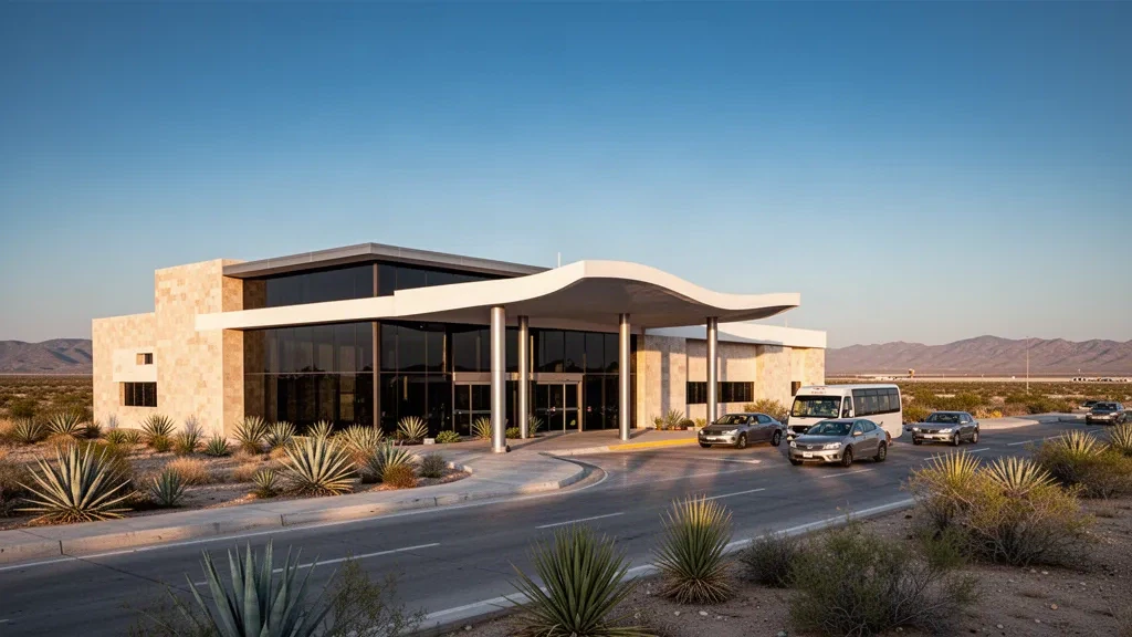 Esterno del terminal basso dell'Aeroporto Internazionale di Ciudad Acuña in Coahuila, Messico, con una pensilina curva per la salita e la discesa nella luce dorata del tramonto.