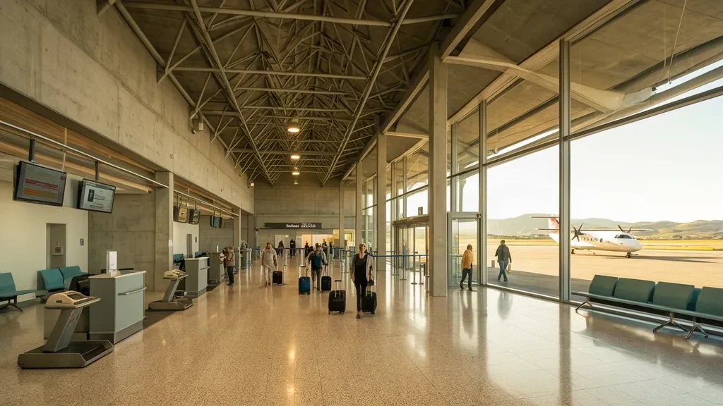Bright departure hall and check-in counters inside the Arica Airport terminal, with a turboprop aircraft visible on the apron beyond the windows