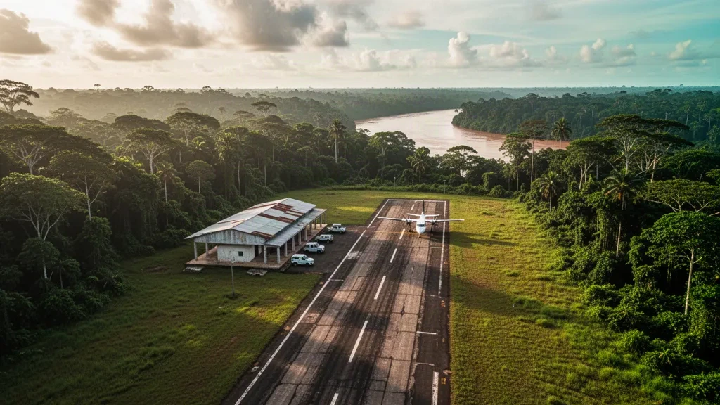 Abgelegene Amazonas-Piste und kleines Terminal am Flughafen Araracuara in Caquetá, Kolumbien, mit dichtem Regenwald und einem dunstigen Fluss hinter der Startbahn
