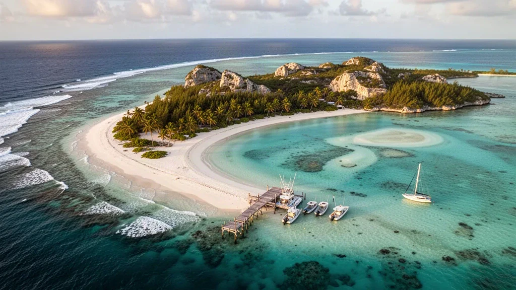 Veduta aerea di un cay di sabbia bianca nelle Berry Islands, Bahamas, con bassi fondali turchesi, palme e un piccolo molo di legno