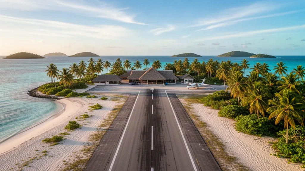 Small tropical island airport runway and open-air terminal at Achutupu Airport in Guna Yala, Panama, with palm trees and turquoise sea.