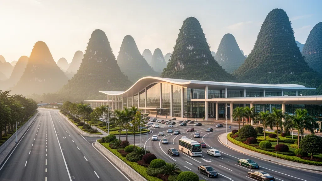 Terminal moderne en verre de l'aéroport de Xingyi Wanfenglin avec des pics karstiques en arrière-plan à l'heure dorée dans le Guizhou, en Chine.