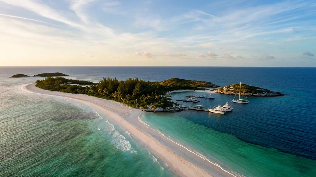 Bahamalar'ın Berry Islands bölgesinde, altın saatte fotoğraflanan küçük bir marinanın çevresini saran turkuaz sığ sular ve beyaz kumlu plajlar