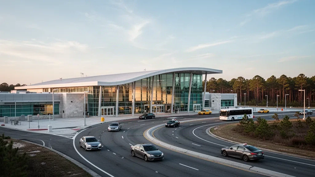 Terminal moderno con vetrate e tetto curvo all'Aeroporto Internazionale di Atlantic City con corsie di sosta per la riconsegna dei passeggeri all'ora del tramonto
