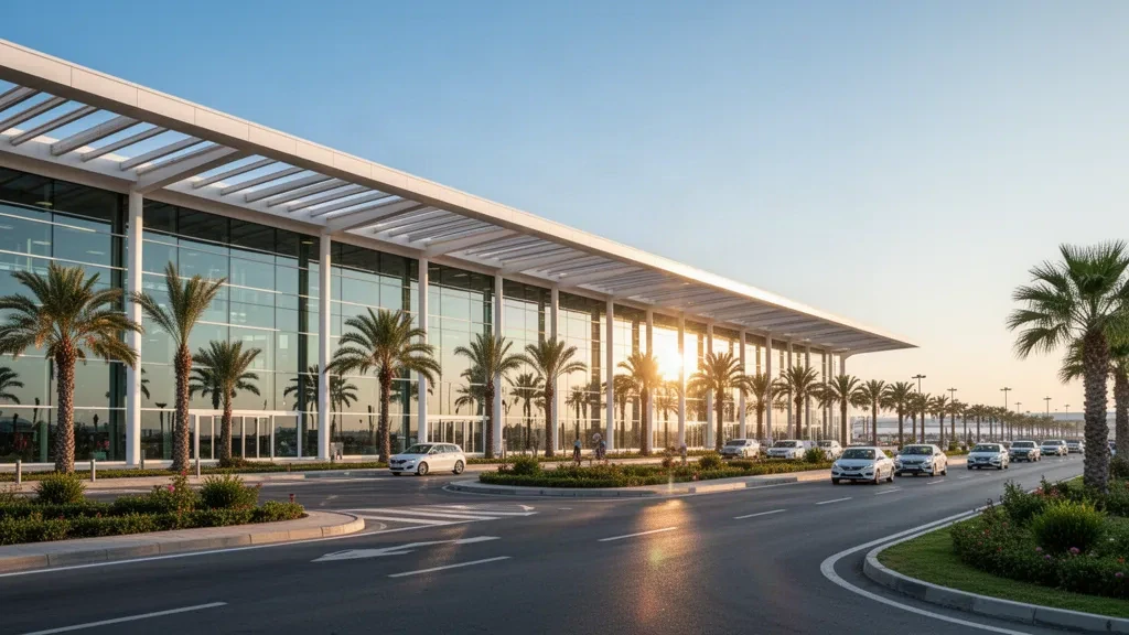 Facciata esterna moderna in vetro del terminal dell'Aeroporto di Adana Şakirpaşa con corsie di sosta bordate di palme e calda luce serale mediterranea.