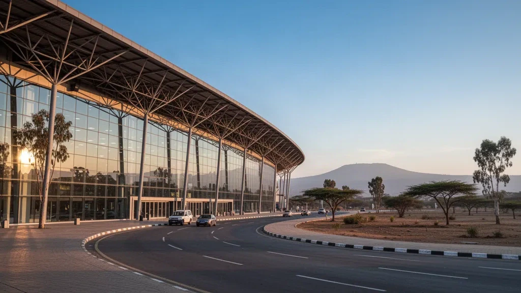 Moderne Glasfassade des Terminals und Vorfahrt am Addis Abeba Bole International Airport im warmen Licht der goldenen Stunde