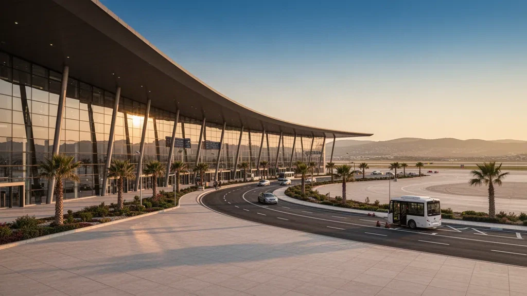 Moderno terminal aeroportuale esterno in vetro con tettoia curva, corsie per la sosta e vialetti d'accesso alberati di palme durante l'ora d'oro a Izmir