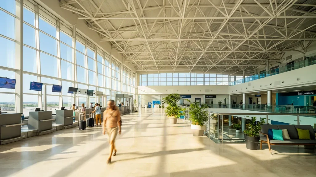 Luminoso e moderno interno del terminal dell'Aeroporto di Izmir Adnan Menderes con viaggiatori e banchi check-in