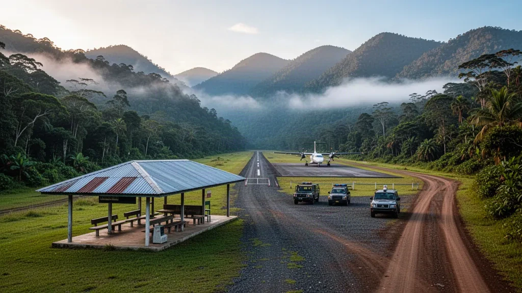 Piste herbeuse isolée et crêtes brumeuses des hautes terres près de l'aéroport d'Andakombe en Papouasie-Nouvelle-Guinée
