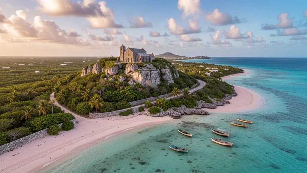 Türkisfarbene Untiefen und ein Strand mit rosa Sand unterhalb von Mount Alvernia auf Cat Island, Die Bahamas, aus der Vogelperspektive im goldenen Licht fotografiert.