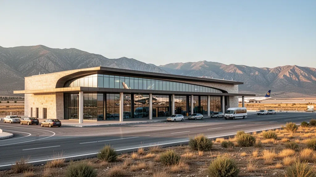 Ampia vista del moderno terminal in vetro dell'Aeroporto di Adıyaman e della corsia di sosta davanti a colline aride in Turchia durante l'ora d'oro