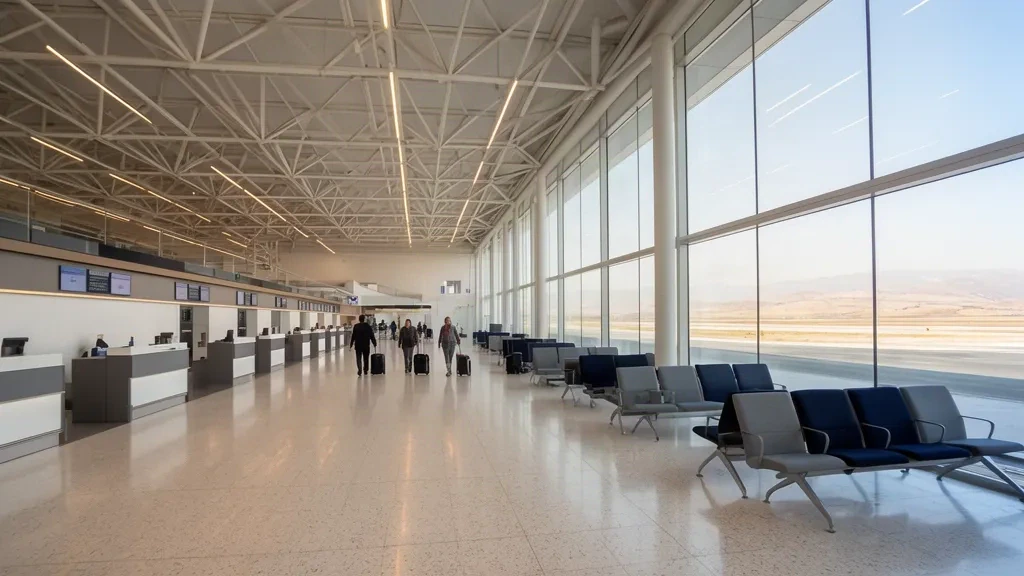 Interno luminoso e moderno del terminal dell'Aeroporto di Adıyaman (ADF) in Turchia, con banchi di check-in e una sala partenze in vetro