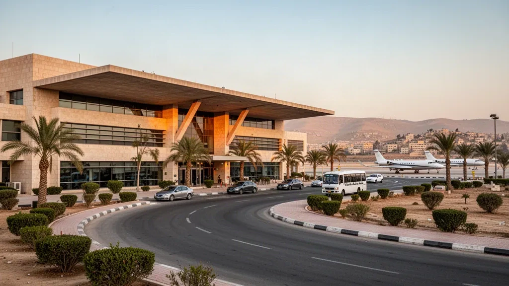 Golden-hour view of the terminal forecourt and apron at Marka International Airport in Amman, Jordan, with palm trees and parked vehicles.