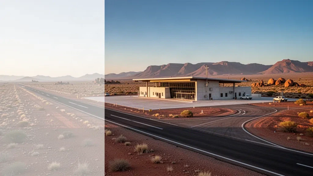 Arandis Airport in Namibia's Erongo region, a low desert terminal beside an empty runway and gravel plains at golden hour