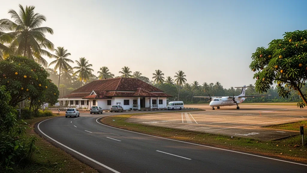 Tropical regional airport terminal and apron near Ampara, Sri Lanka, with a parked turboprop aircraft in warm golden-hour light.