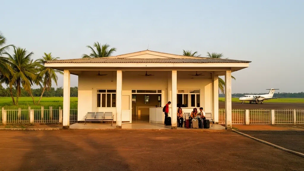 Small regional airport terminal building at Ampara Airport in Sri Lanka with travellers waiting outside in warm afternoon light