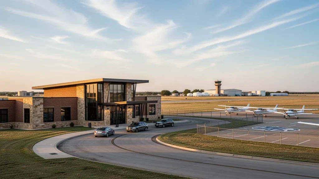 Single-story terminal building and general aviation apron at Ada Regional Airport in Oklahoma under warm afternoon light