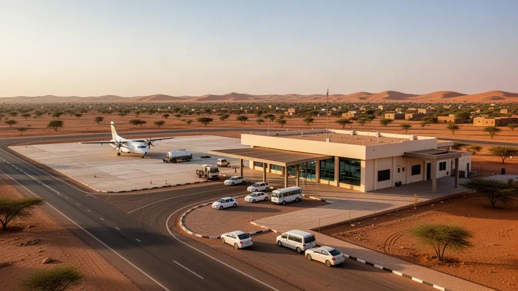 Low-rise terminal and sunlit apron at El Daein Airport in Sudan, with a parked aircraft, access road and desert surroundings