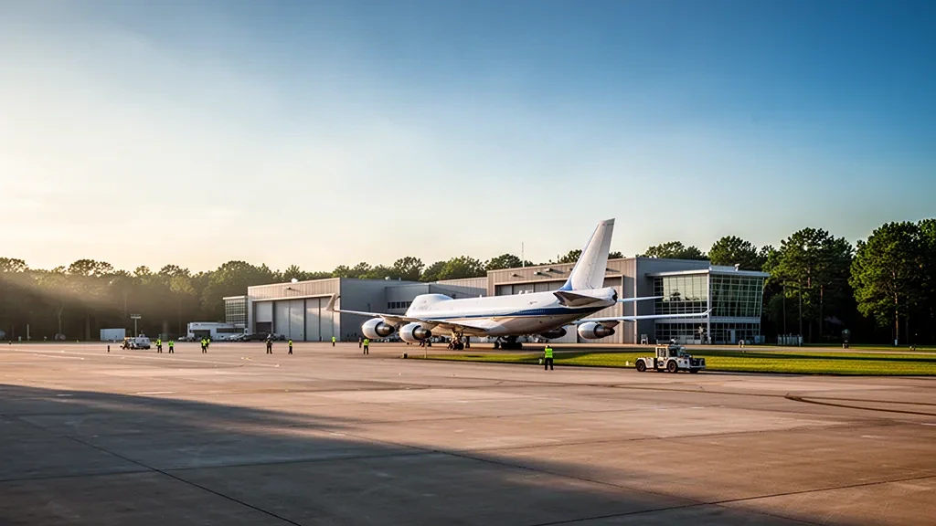 Wide golden-hour view of Joint Base Andrews airfield near Washington DC with hangars, flight line and a VIP transport jet on the apron