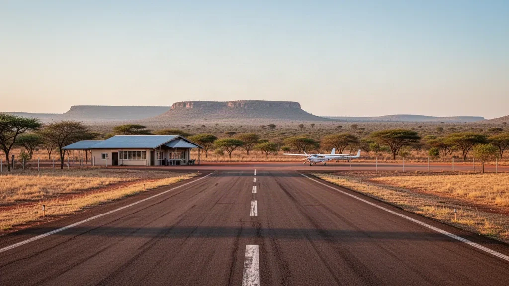 Ländliche Landebahn und bescheidenes Terminalgebäude am Flughafen Alldays in Limpopo, Südafrika, umgeben von trockenem Buschveld im goldenen Licht des späten Nachmittags