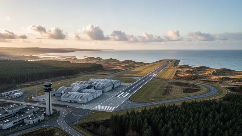 Blick zur goldenen Stunde auf das Airfield Leuchars Station in Fife, Schottland, mit Küstenlandebahn, grauen Hangars und einem Kontrollturm über dem Ästuar.