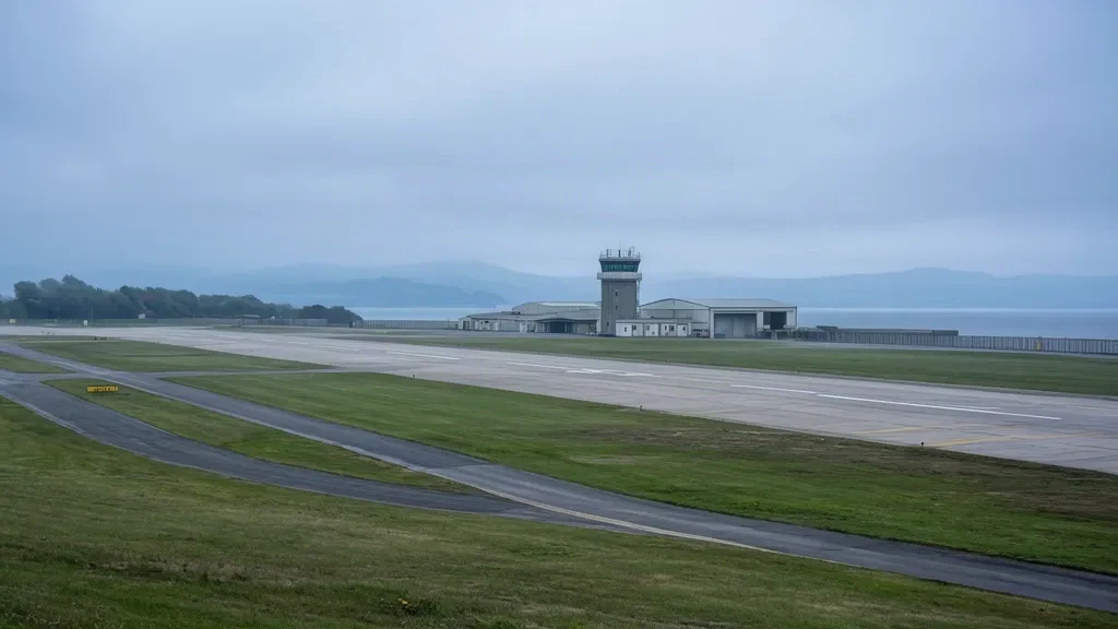 Aeródromo de Leuchars Station en Fife con pista, calle de rodaje y torre de control bajo la suave luz diurna escocesa.