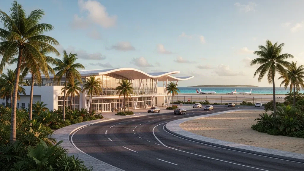 Esterno del terminal dell'Aeroporto Internazionale Gustavo Rojas Pinilla a San Andrés con palme, strada di accesso e calda luce caraibica