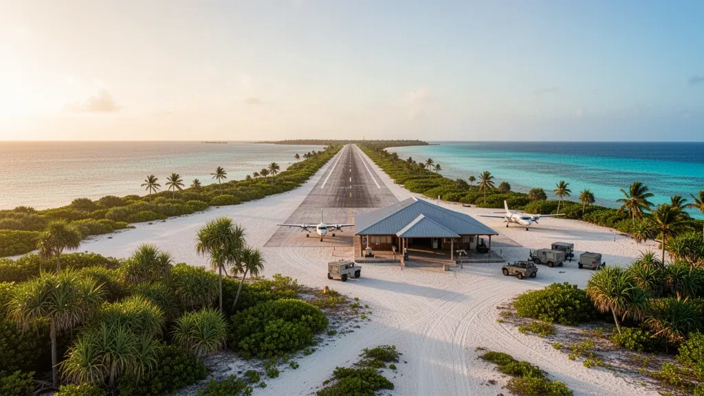 Piccola pista tropicale in corallo e terminal modesto all'aeroporto di Abemama in Kiribati, incorniciati da palme e acqua turchese della laguna