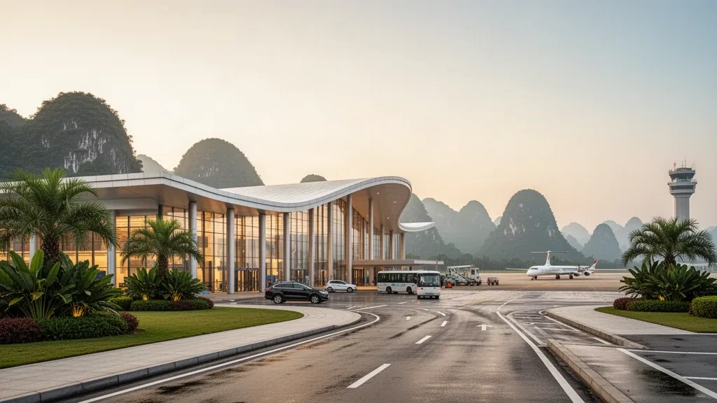 Terminal moderna de cristal y carriles de descenso en la acera del Aeropuerto de Baise Bama con colinas kársticas y vegetación subtropical en Guangxi, China