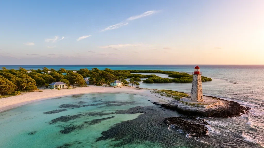 Turquoise lagoon, white sand beach and the old stone Bird Rock lighthouse on Crooked Island in The Bahamas Out Islands
