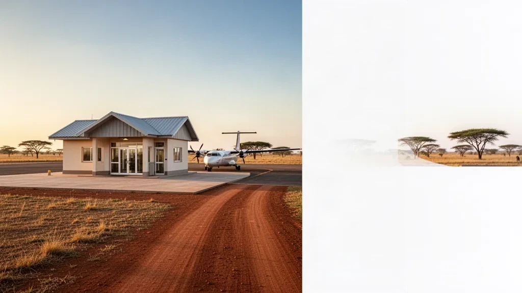 Golden-hour view of Adareil Airport in South Sudan with a small terminal, turboprop aircraft, and open savanna surroundings.