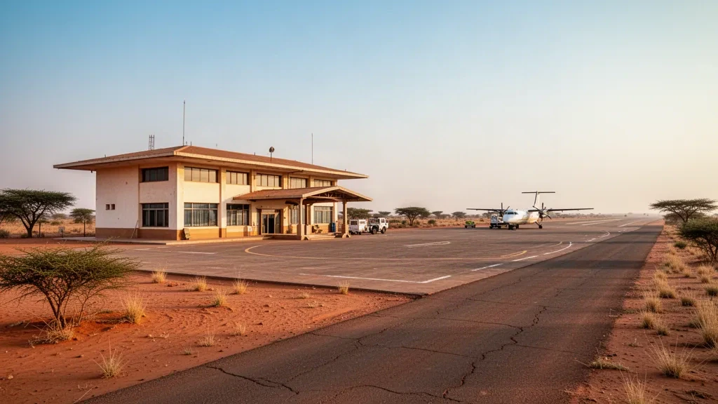 Single-storey terminal and paved apron at Abeche Airport in Chad, set in a dusty Sahelian landscape under warm late-afternoon light.