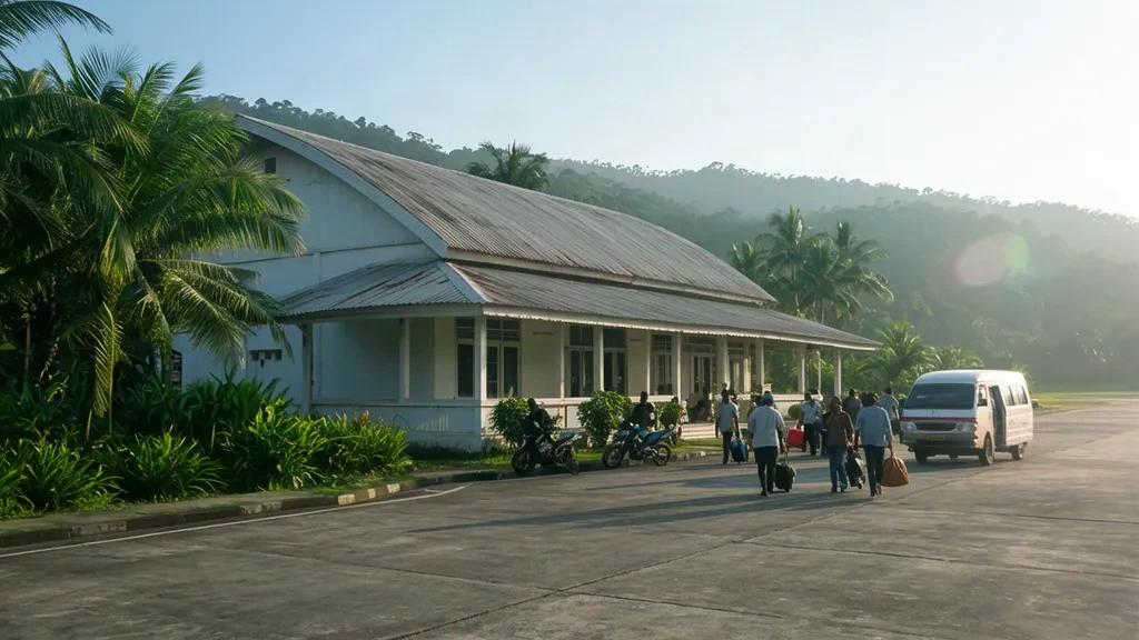 Single-storey terminal building at Aek Godang Airport near Padang Sidempuan, North Sumatra, with palm trees and passengers at the kerbside