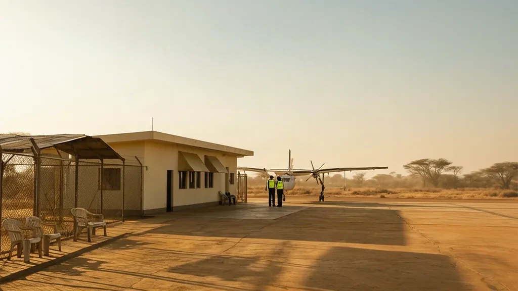 Kleines einstöckiges Terminalgebäude und sonnendurchflutetes Beton-Vorfeld am Flughafen Adareil AEE in einer trockenen ostafrikanischen Landschaft