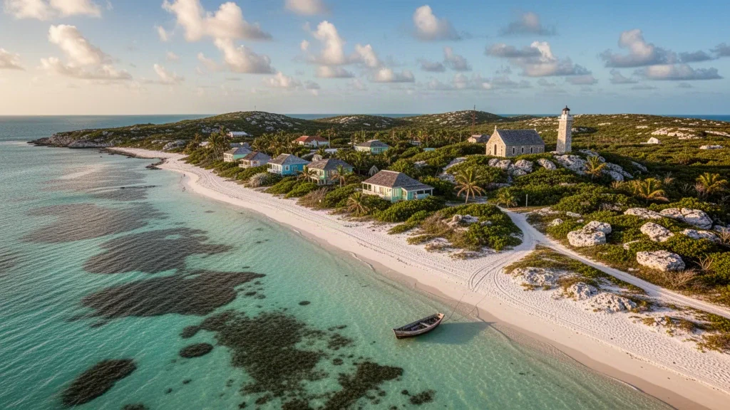 Turquoise flats and white sand beach along the remote coastline of Crooked Island in the Bahamas