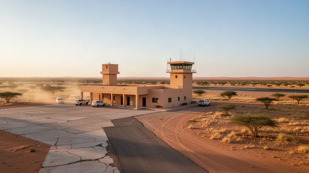 Edificio terminal a un piano e pista illuminata dal sole all'aeroporto di Aioun el Atrouss nel deserto arido del Sahel in Mauritania